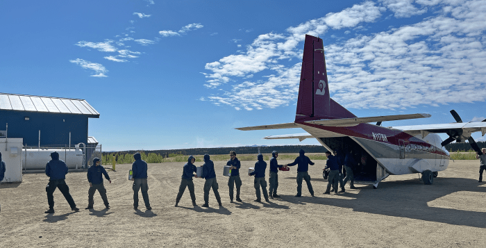 People line up behind the back end of an aircraft.