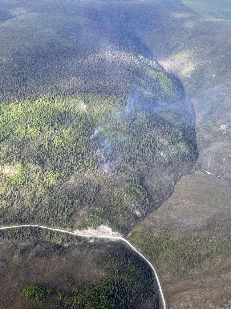 Smoke drifts up from a forest fire burning next to a road.