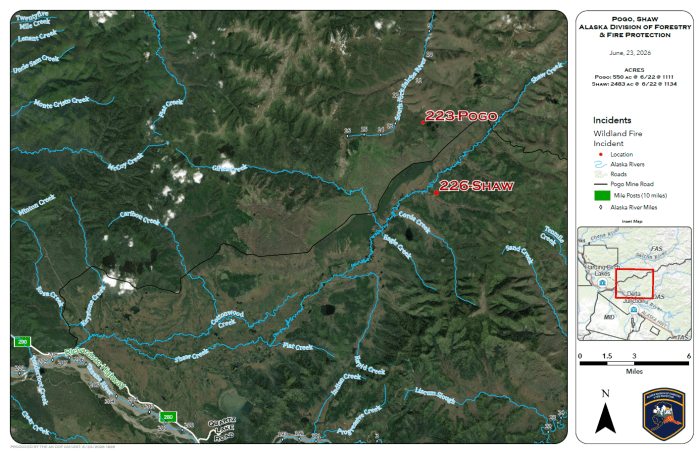 Pogo Fire and Shaw Fire near Pogo Mine