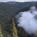 A heavily forested valley with white wildfire smoke rising from the hill on the right side of the image.