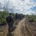 A line of firefighters in protective gear walks single file on a graded dirt liine. The sky is filled mainly with shite clouds and there is short vegetation on either side of them.