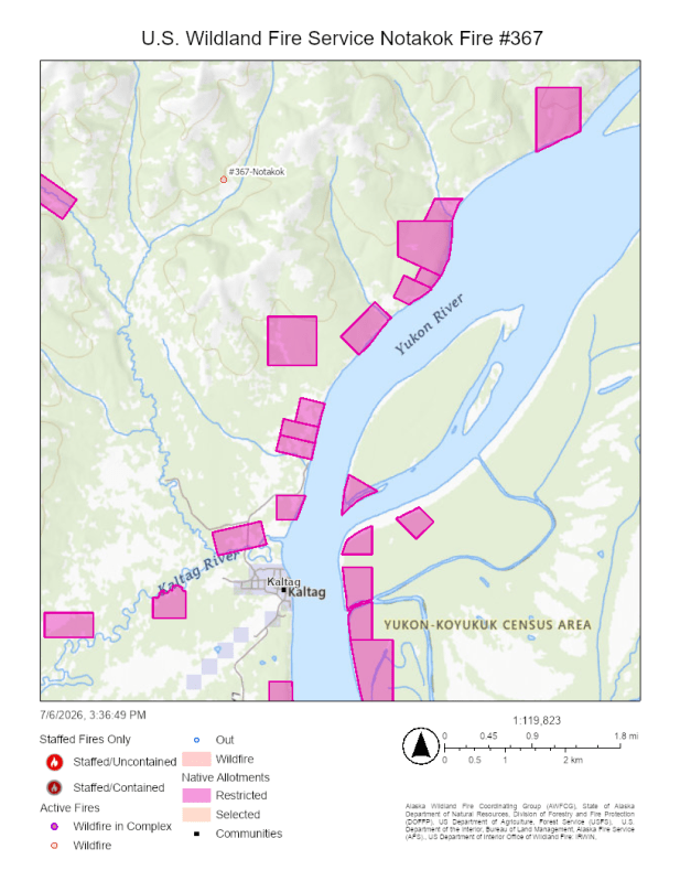 Map of Notakok Fire and nearby Native allotments and the village of Kaltag.
