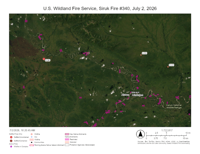 Siruk Fire is south of the Alatna River and northwest of Allakaket. Several Native Allotments are located along the Alatna River.