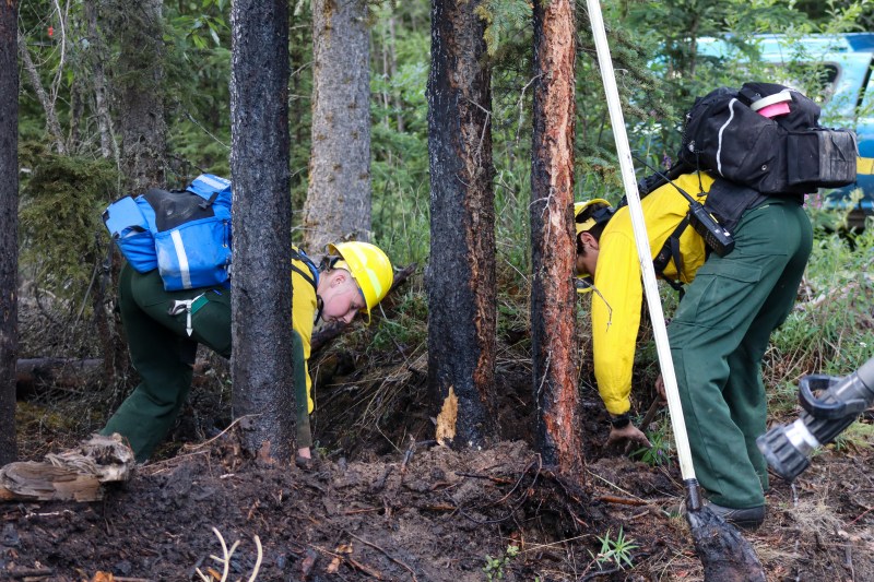 Photo of two firefighters in PPE leaning down to feel for heat in the ground with their hands.