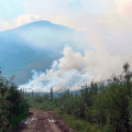 Smoke rises up from a wildfire burning in timber. A mountain is in the background and a dirt road is in the foreground.