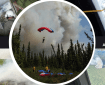 Photo collage of Alaska smokejumpers in action ranging from two sitting in the back of an airplane looking out the back as they fly over a fire, a smokejumper exiting the airplane with a fire burning in the distance, two smokejumpers using beaters to swat out the edges of a tundra fire, a smokejumper descending from the air while a large plume of smoke rises in the background and two smokejumpers looking out a plane window at a smoke column from a forest fire in the distance.