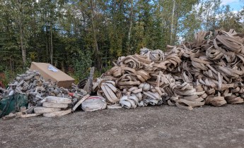 A large pile of used fire hose and metal fittings sits on a gravel lot at the edge of a wooded area, awaiting cleaning, inspection, and repacking after wildfire operations.
