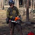 A firefighter holds a chainsaw while standing on the edge of a cut tree line along a roadway. A red fuel can and two Pulaski tools are at his feet.