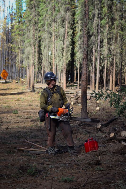 A firefighter holds a chainsaw while standing on the edge of a cut tree line. A red fuel can and two tools are at his feet.