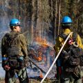 Two firefighters talk while watching a woody debris pile burn at the edge of a forest.