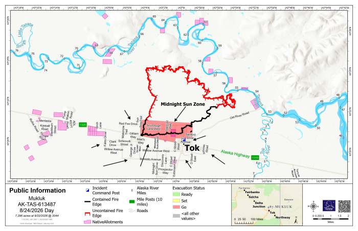 Map of Mukluk Fire perimeter with southern portion showing black containment line in a red square designated as an evacuation zone. 