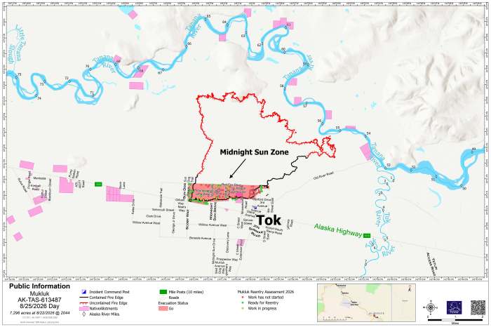 Map of fire perimeter in yellow south of the Tanana River and encompassing some of northern Tok. A red shaded area shows evacuated area.