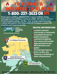Flier showing map of Alaska and text on how to report wildfires with a photo of a forest fire at the top.