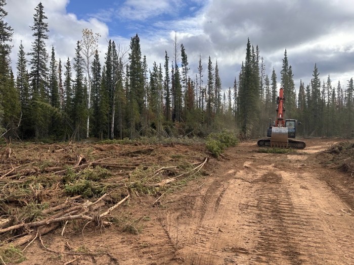 An excavator works beside a dozer constructed containment line surrounded by cleared trees and vegetation.