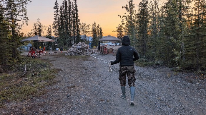 A camp crew member in a black jacket, camouflage pants, and rubber boots walks backward along a gravel road, stretching out a length of white fire hose during an active hose-rolling operation. Hose piles, rolling equipment, canopy tents, and support vehicles are visible in a forested camp at sunset, with mountains in the distance.