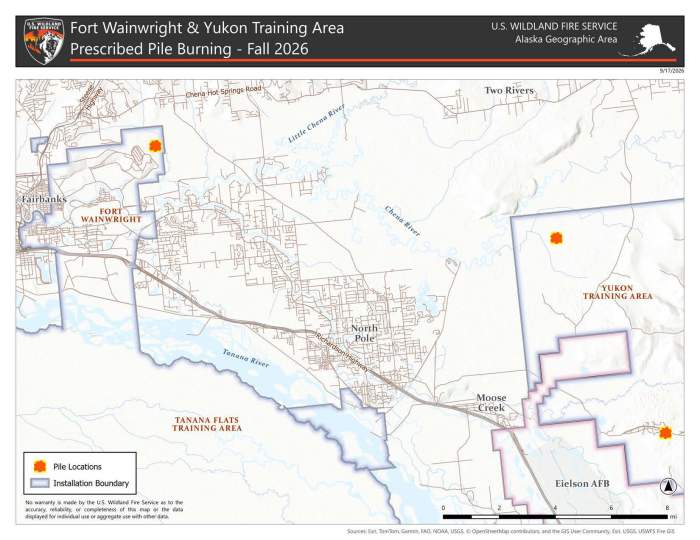 Map of the communities surrounding the Yukon Training Area and Fort Wainwright. Three orange dots mark the locations where woody-debris piles will be burned this month.