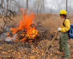 A firefighter dressed in protective gear and holding a tool watches a fire burn a debris pile.